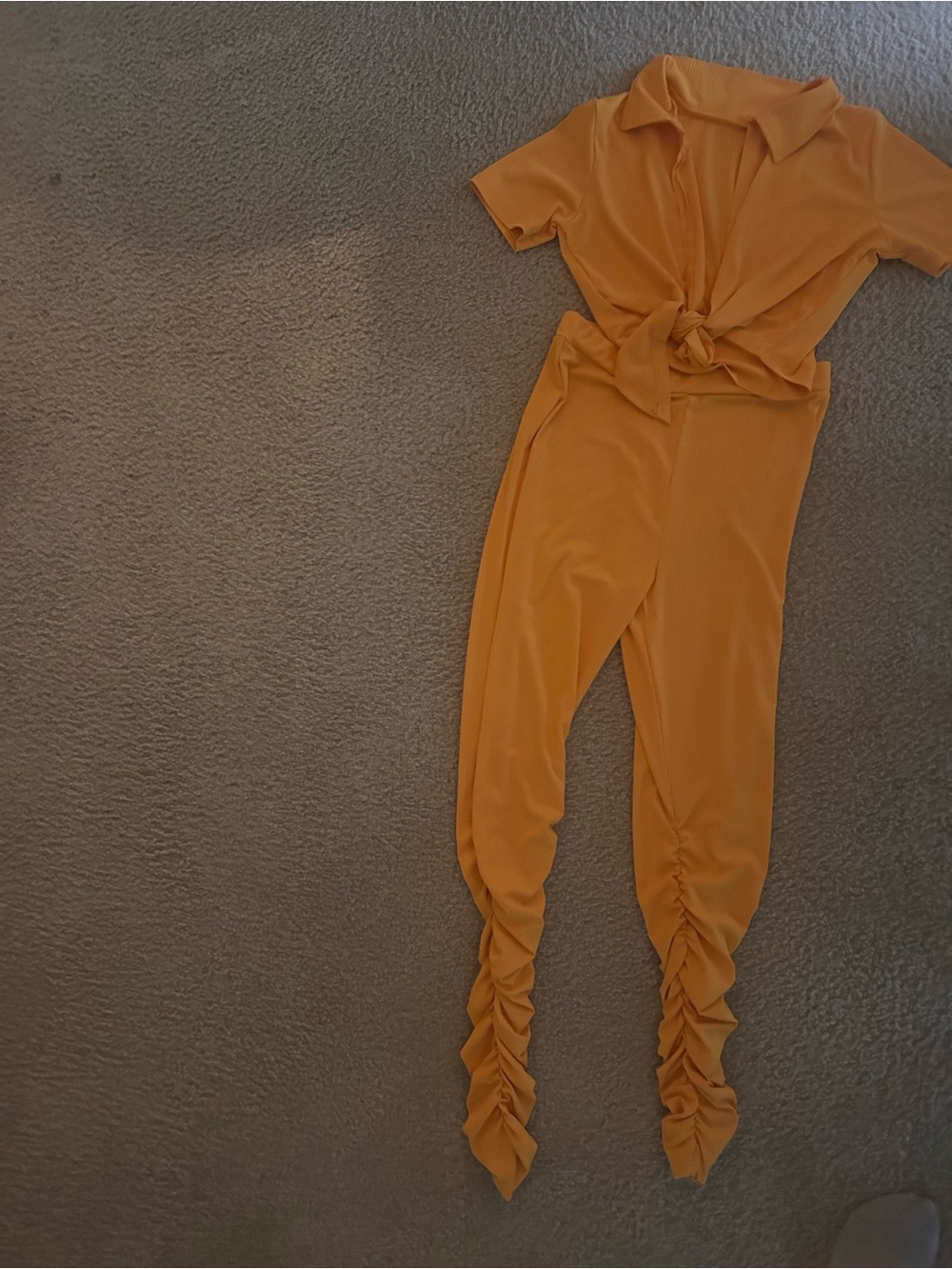 Women's Mustard Ruched-Hem Jumpsuit with Tie Front